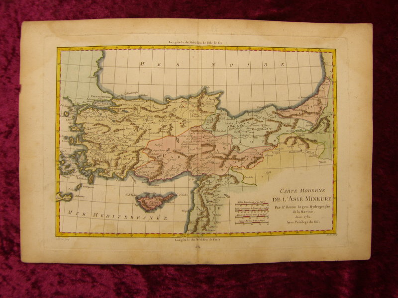 ASIA MINOR CYPRUS COL ENGRAVING MAP BONNE 1781 #B824